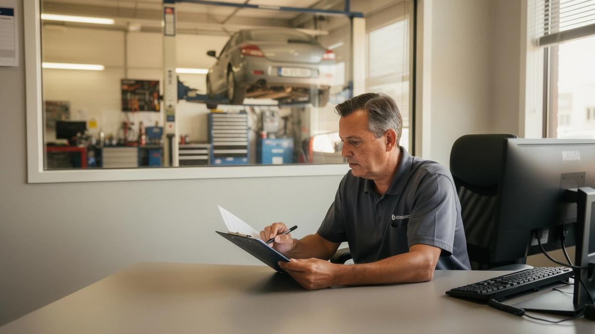 Service advisor at a workshop desk confirming a repair slot on a tablet