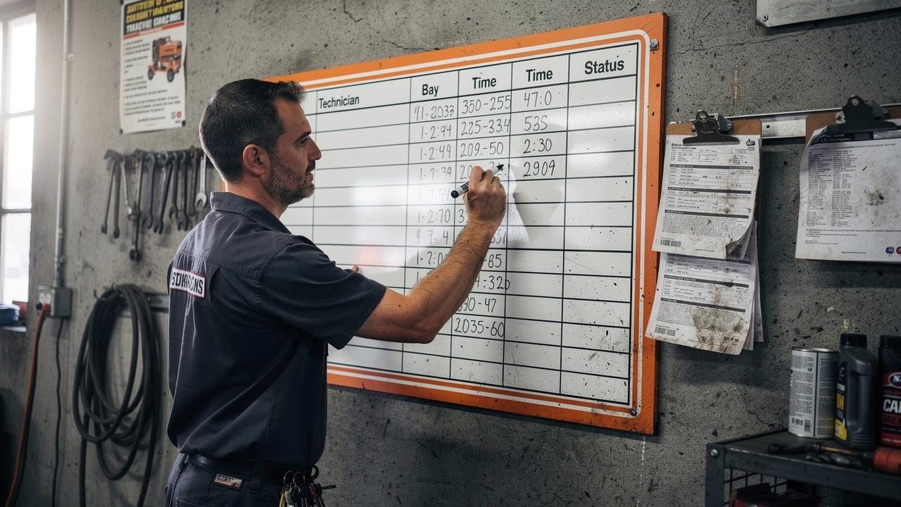 Mechanic writing a confirmed bay slot onto a workshop dispatch board