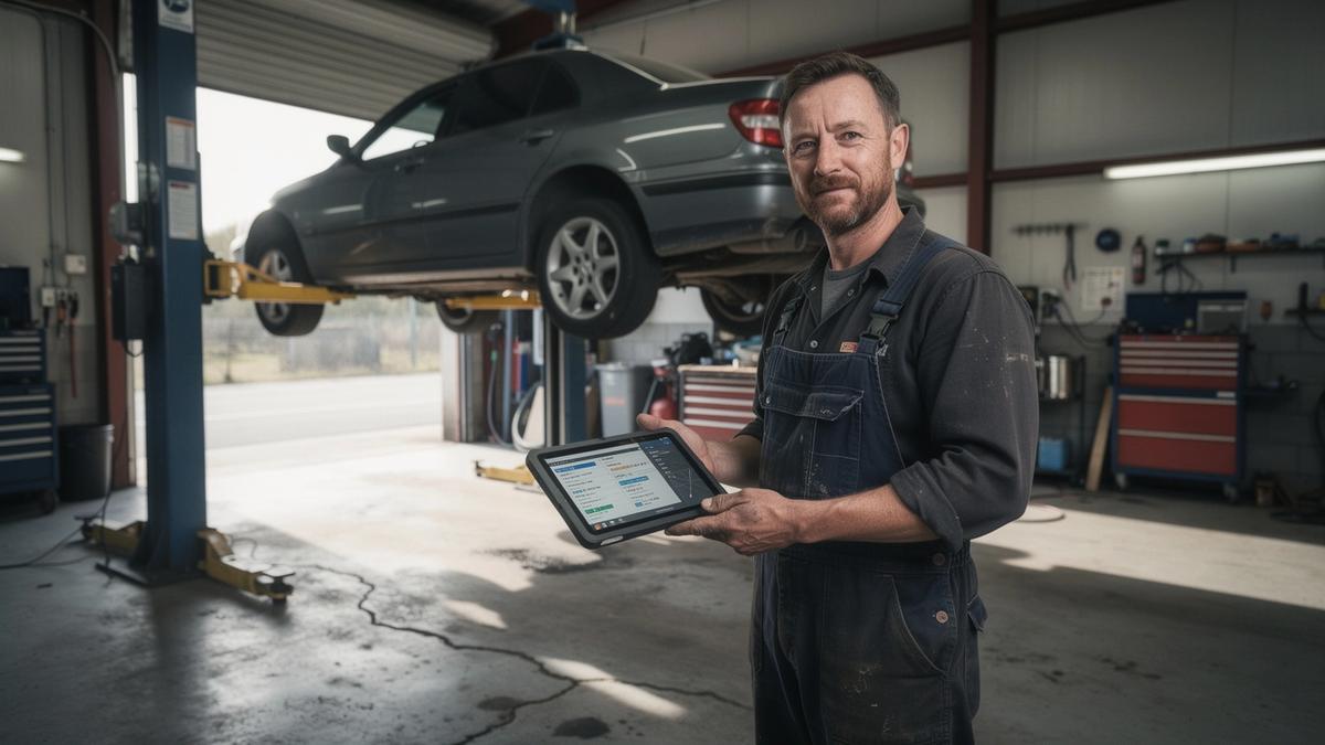 Mechanic reading fault codes on a diagnostic tablet beside a car raised on a lift