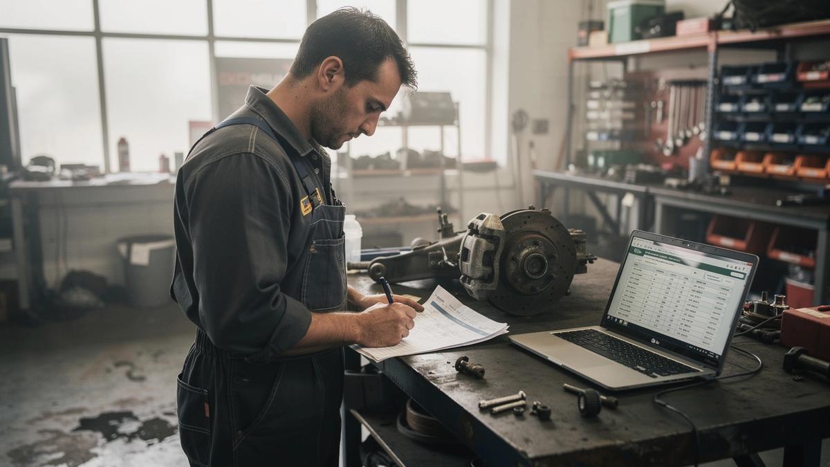 Technician writing parts and labour lines onto a job sheet at a workshop bay