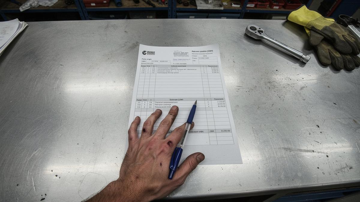 Printed estimate sheet on a repair shop service desk with parts and labor line items filled in