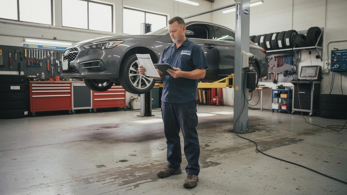 Mechanic comparing a printed repair estimate against parts pricing on a workshop tablet