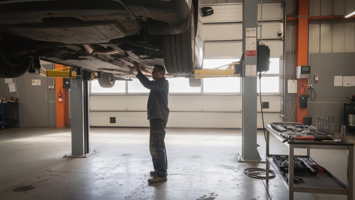 Technician checking a car on a lift at a network repair bay