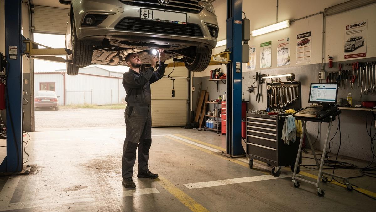 Technician inspecting a car raised on a lift inside a repair bay