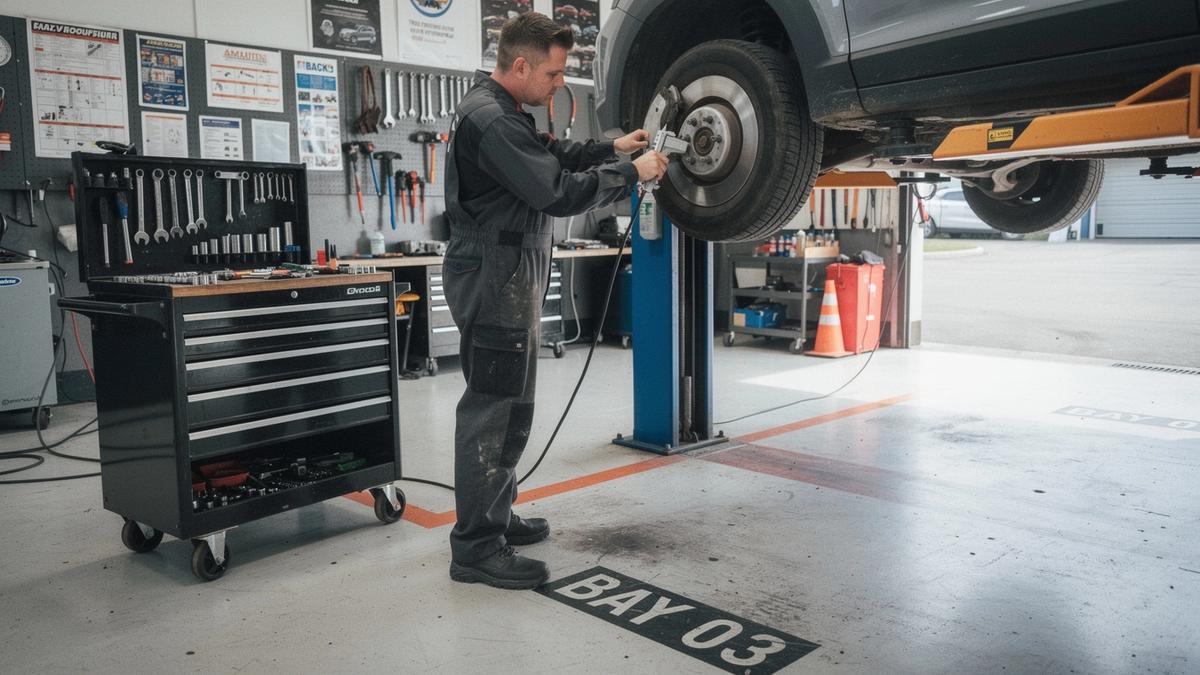 Technician measuring a brake disc beside a lifted car in a workshop bay