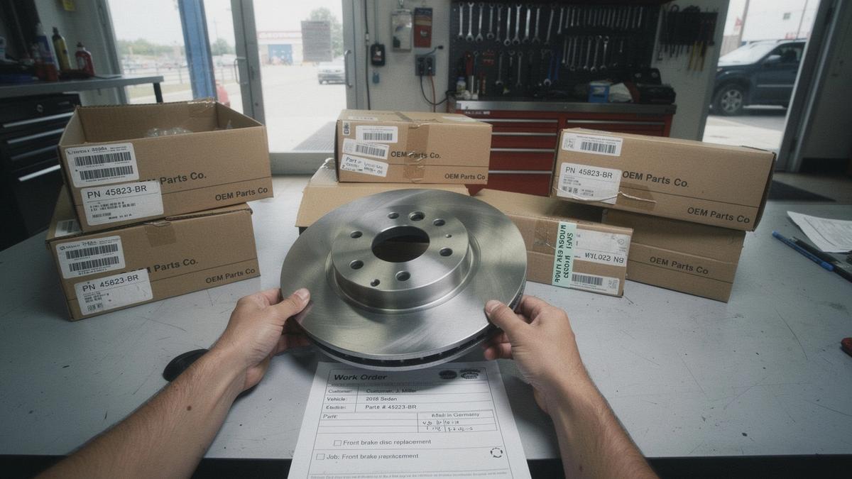 Parts boxes on a workshop bench labelled with supplier name, part number and origin