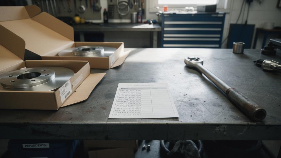 Boxed brake discs and a printed job sheet on a workshop bench